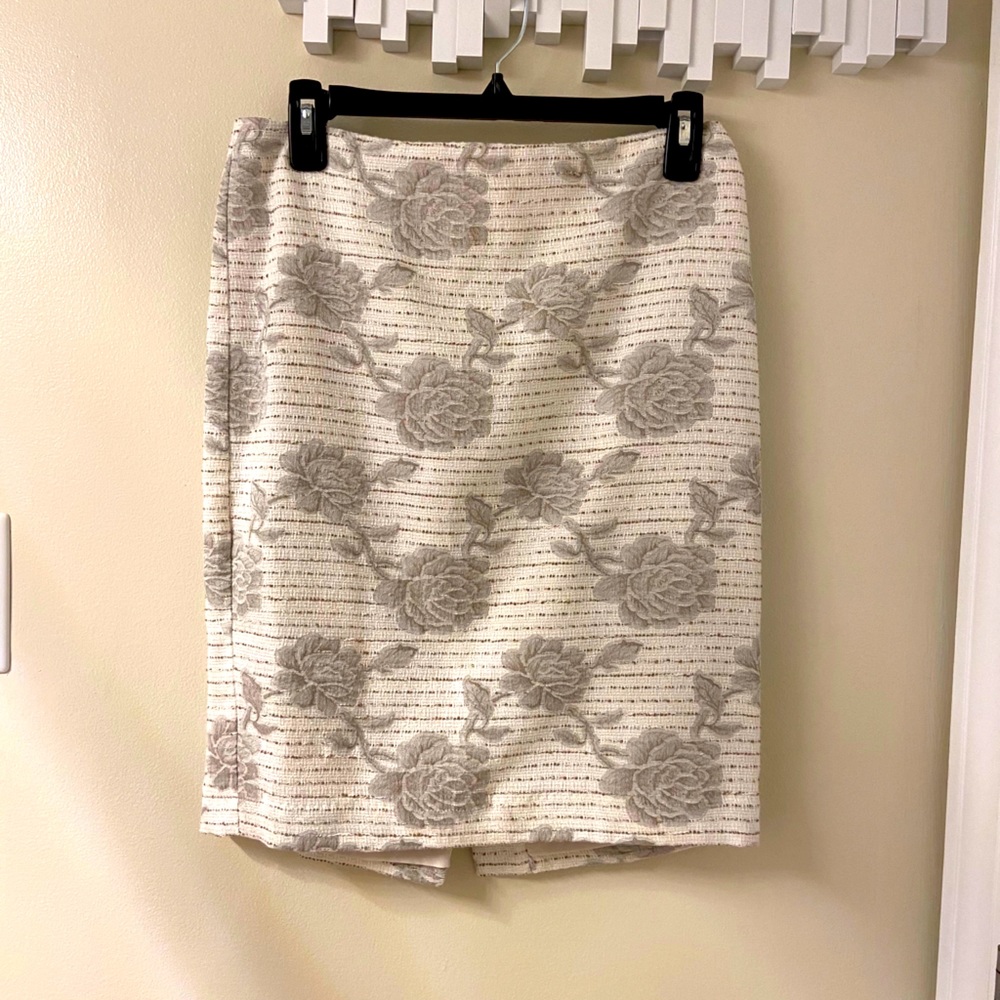 Rose Patterned Cream and Beige Pencil Skirt